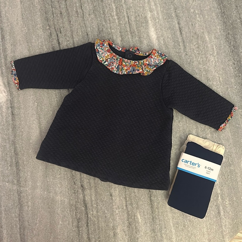 Jacadi Liberty of London Quilted Sweater Dress (6 mons) with NWT tights